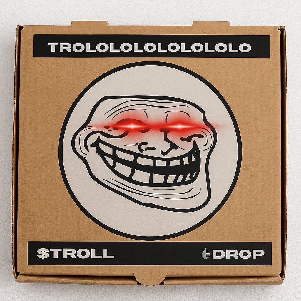 Kraft pizza box printed with the $TROLL artwork and the DROP mark